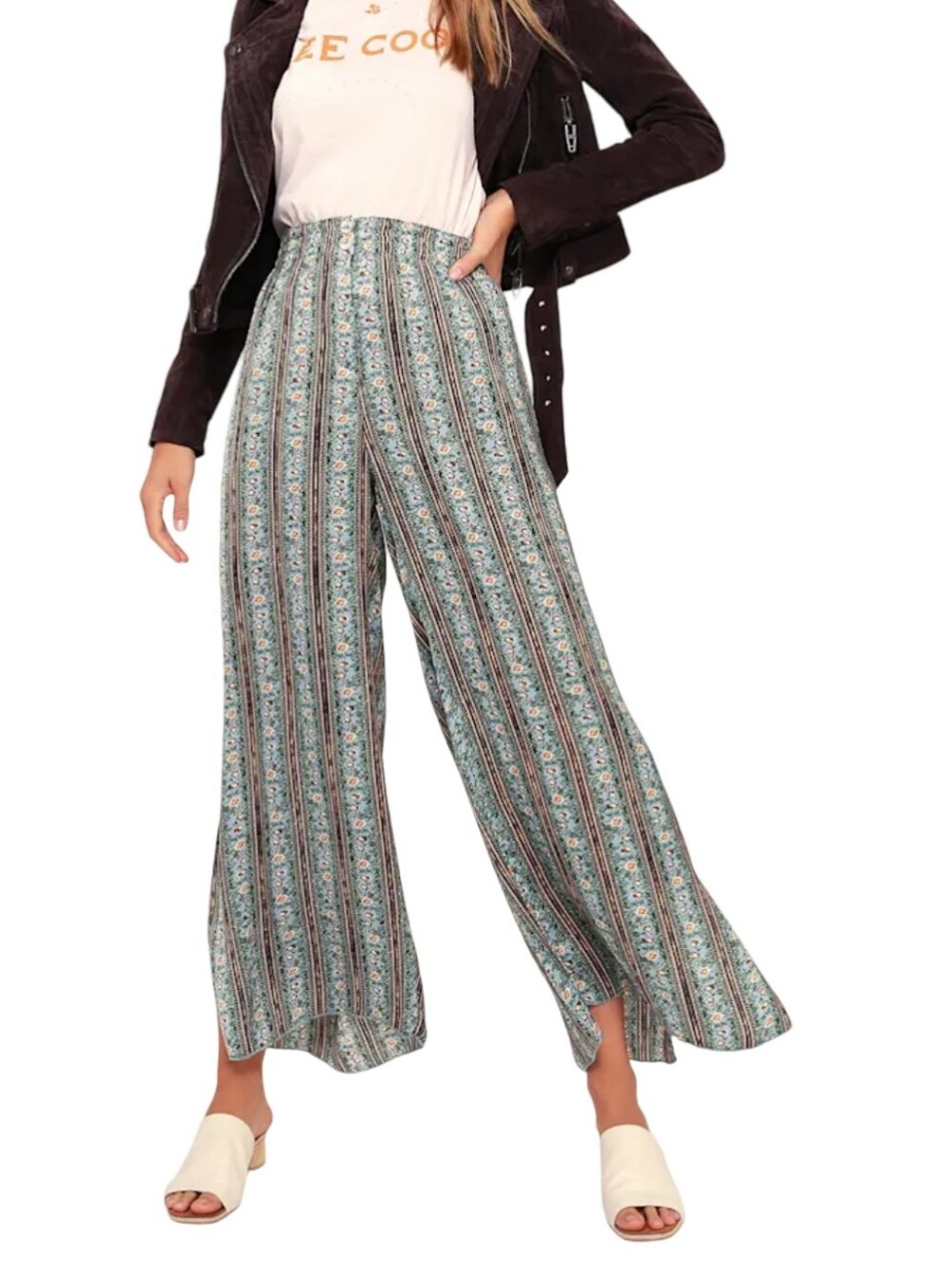 Free People Intimately Striped Floral Wide-Leg Pants in Sage Green Size Large